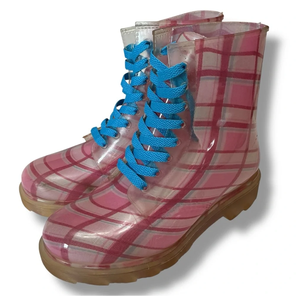 Bongo Pink Plaid Garden Rain Boots